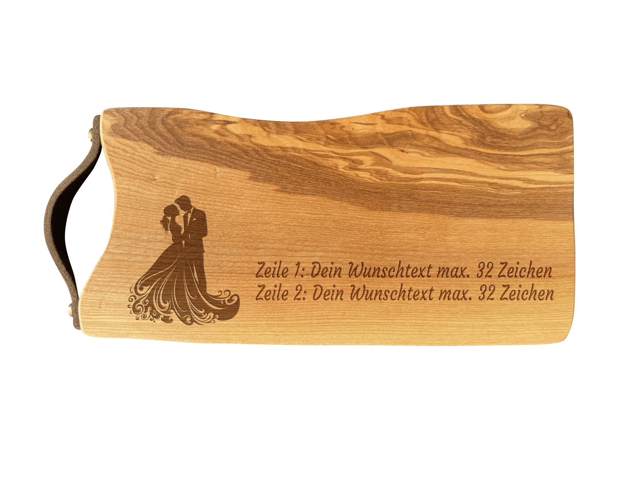 Schneidebrett Esche mit Baumkante und Ledergriff  34 x 14 x 2 cm (Preis inkl. Gravur)