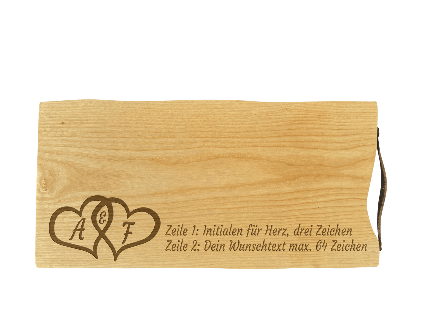 Schneidebrett Esche mit Baumkante und Ledergriff  50 x 24 x 2 cm (Preis inkl. Gravur)