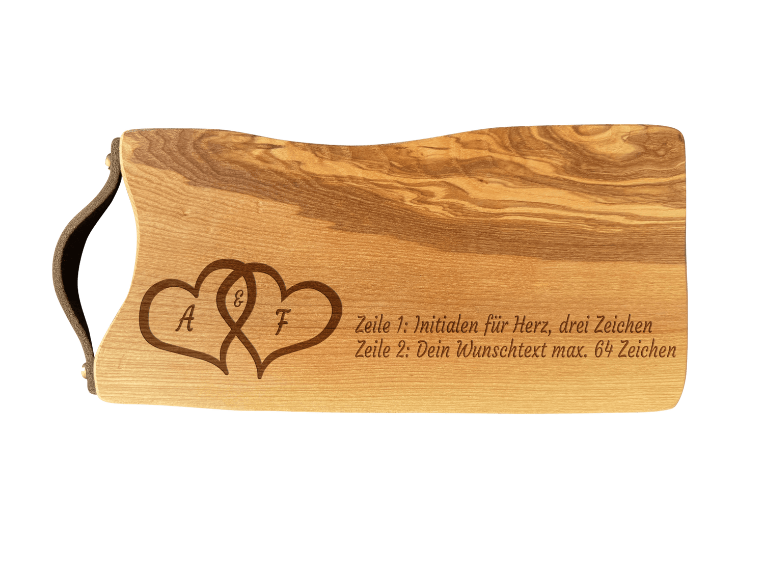 Schneidebrett Esche mit Baumkante und Ledergriff  34 x 14 x 2 cm (Preis inkl. Gravur)