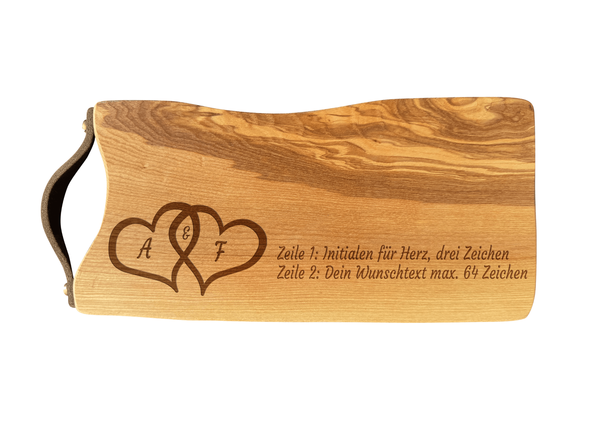 Schneidebrett Esche mit Baumkante und Ledergriff  34 x 14 x 2 cm (Preis inkl. Gravur)