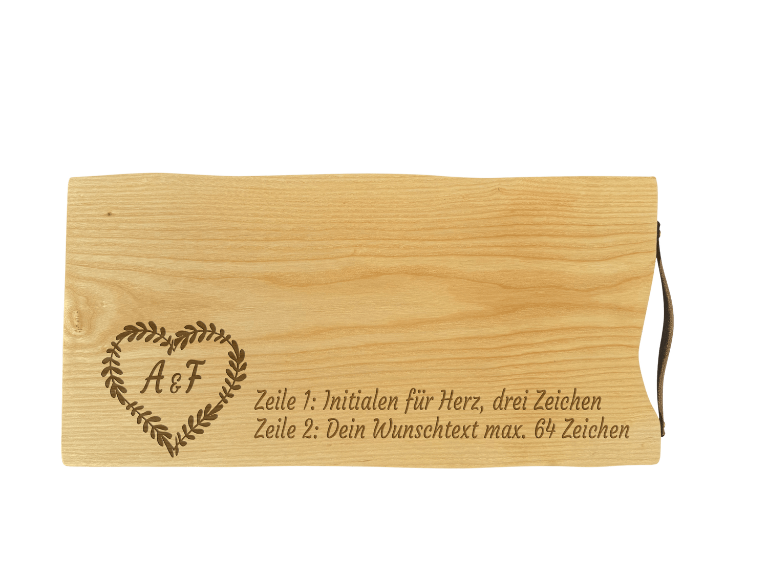 Schneidebrett Esche mit Baumkante und Ledergriff  50 x 24 x 2 cm (Preis inkl. Gravur)