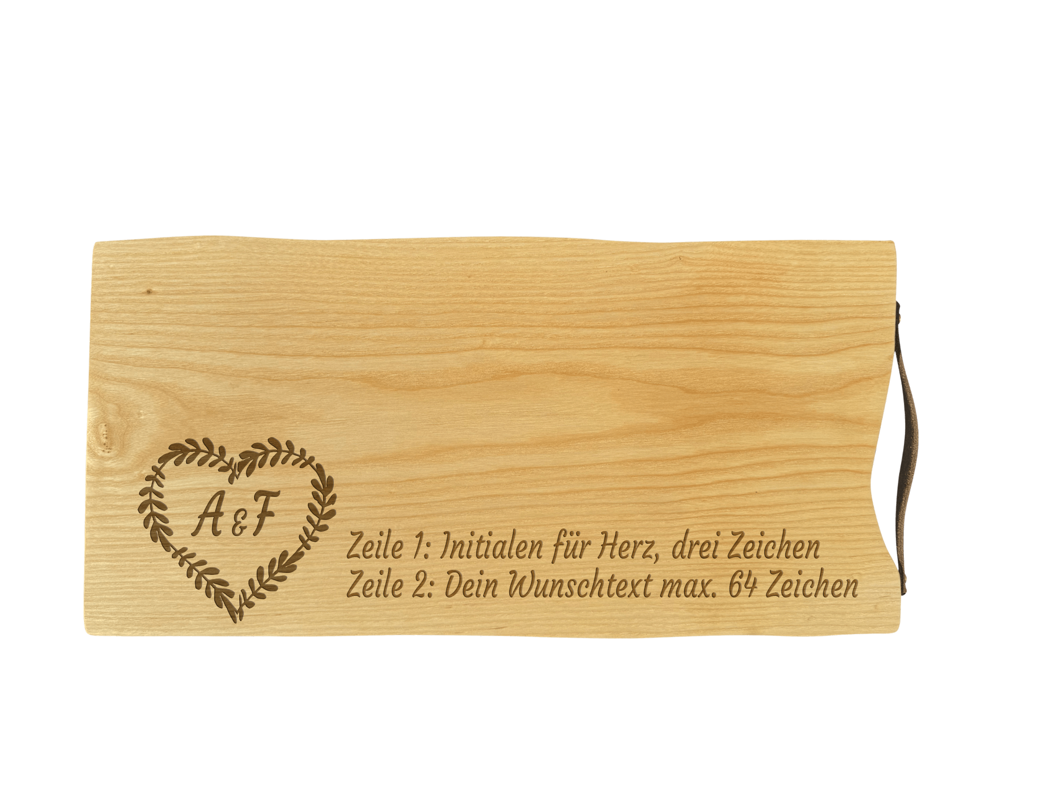 Schneidebrett Esche mit Baumkante und Ledergriff  50 x 24 x 2 cm (Preis inkl. Gravur)