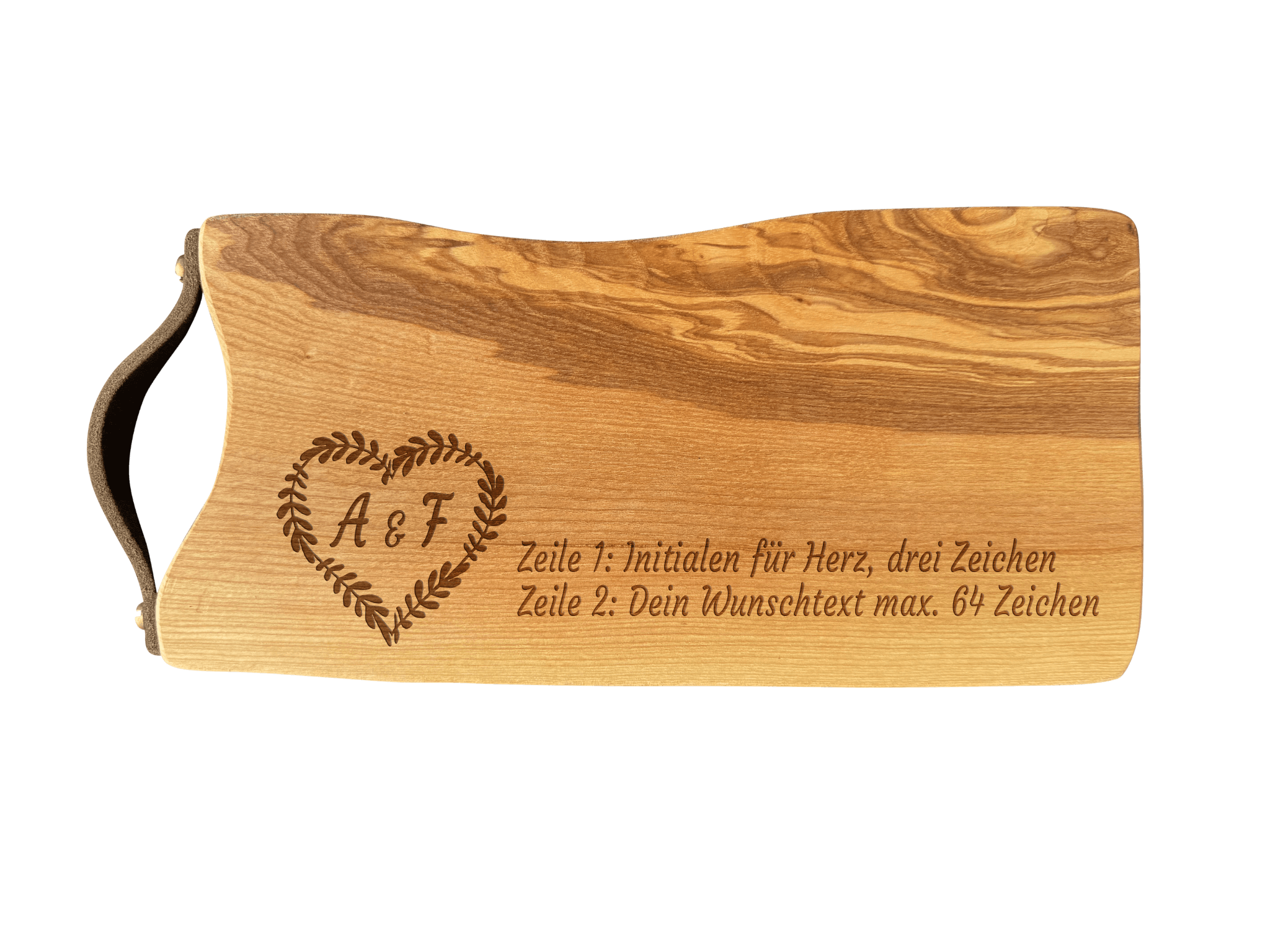 Schneidebrett Esche mit Baumkante und Ledergriff  34 x 14 x 2 cm (Preis inkl. Gravur)