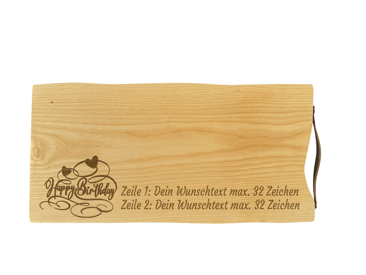 Schneidebrett Esche mit Baumkante und Ledergriff  50 x 24 x 2 cm (Preis inkl. Gravur)