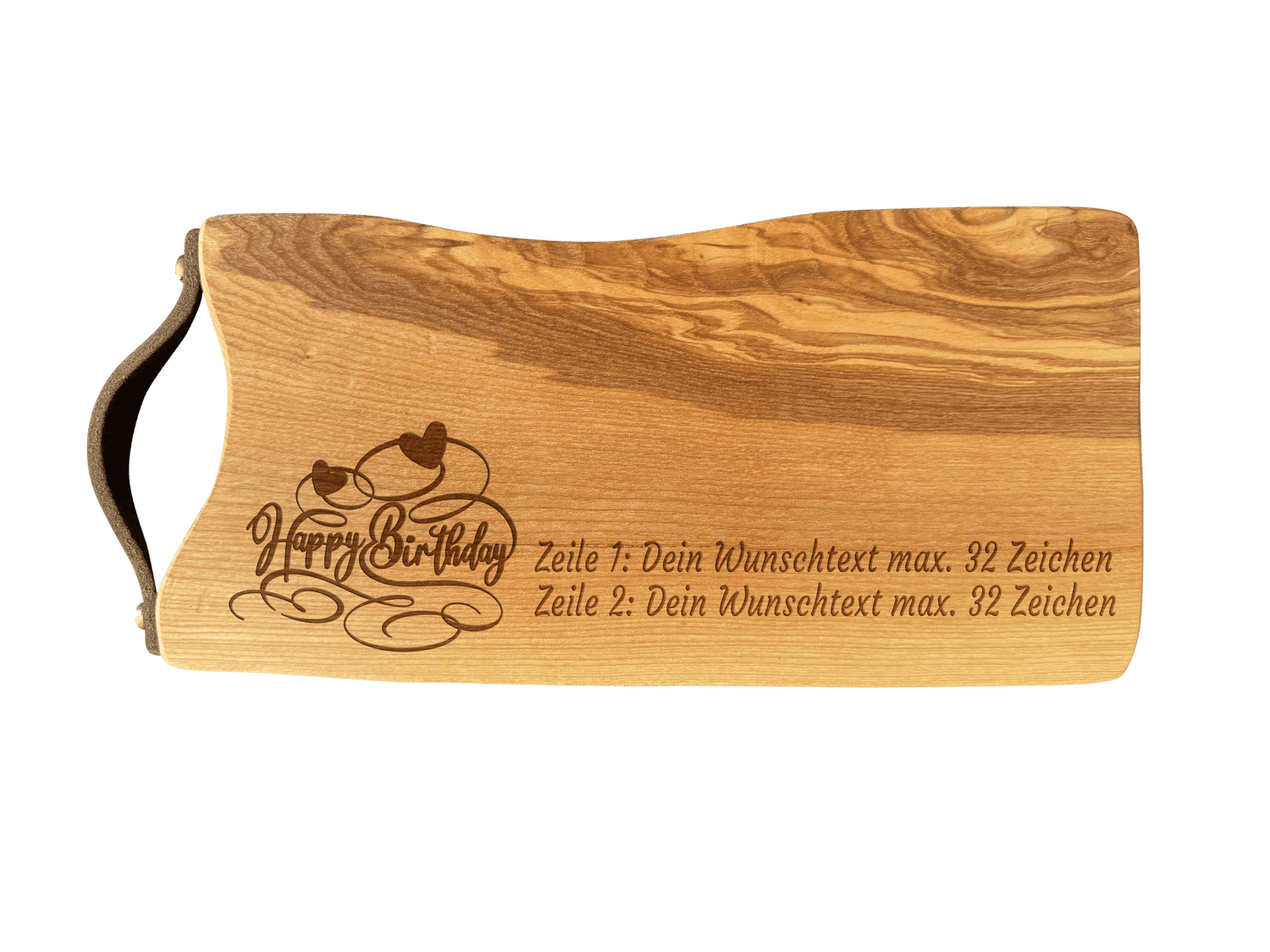 Schneidebrett Esche mit Baumkante und Ledergriff  34 x 14 x 2 cm (Preis inkl. Gravur)