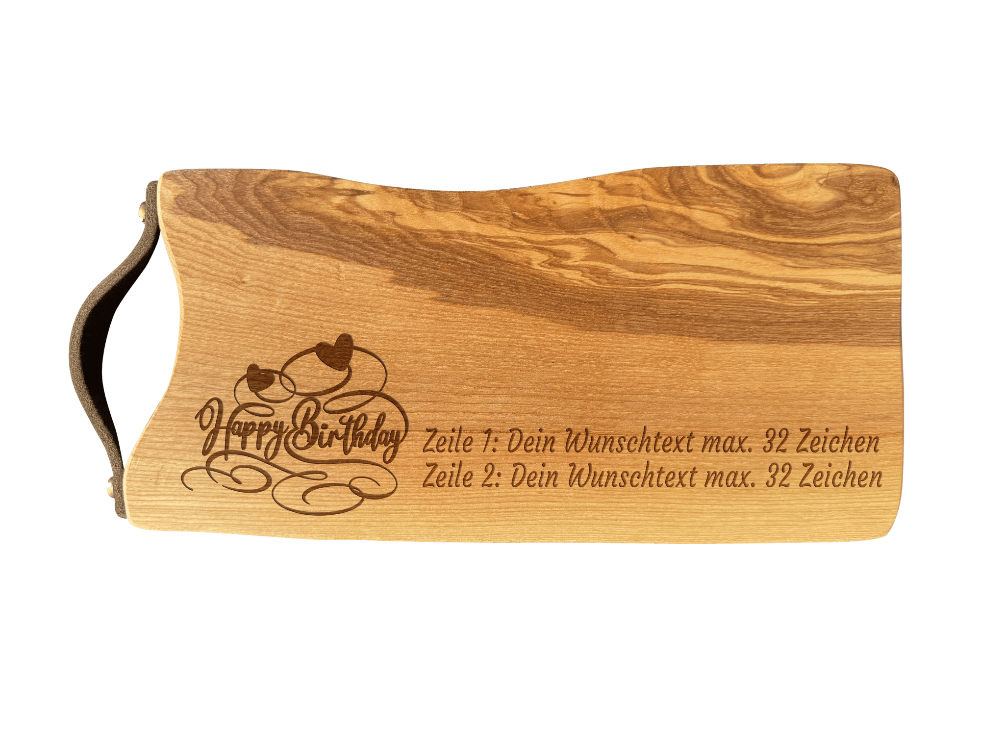Schneidebrett Esche mit Baumkante und Ledergriff  34 x 14 x 2 cm (Preis inkl. Gravur)