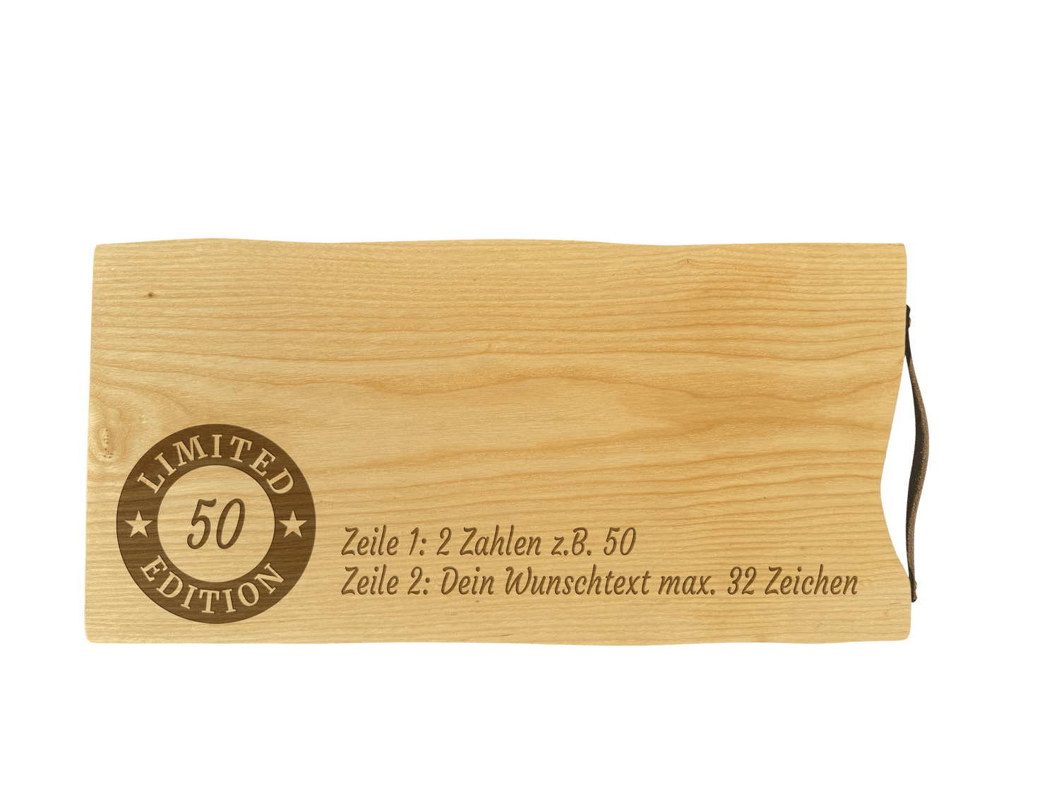 Schneidebrett Esche mit Baumkante und Ledergriff  50 x 24 x 2 cm (Preis inkl. Gravur)