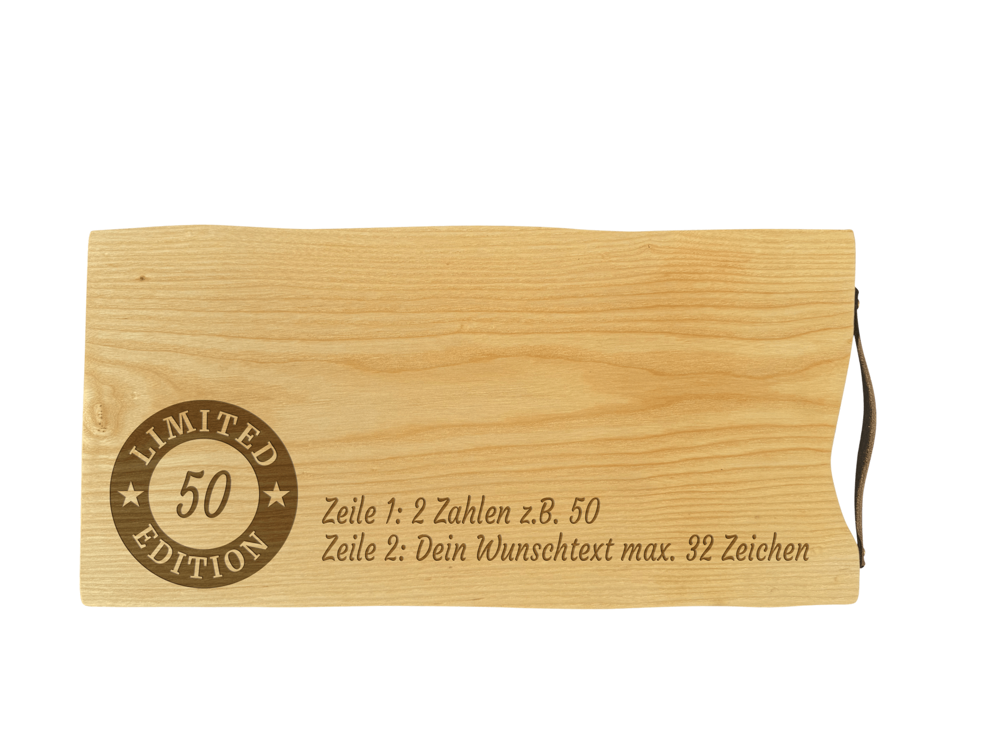 Schneidebrett Esche mit Baumkante und Ledergriff  50 x 24 x 2 cm (Preis inkl. Gravur)