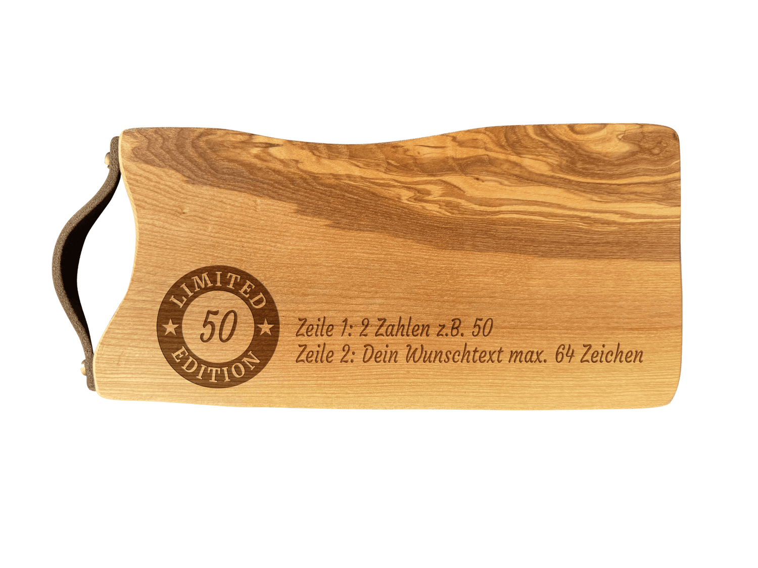 Schneidebrett Esche mit Baumkante und Ledergriff  34 x 14 x 2 cm (Preis inkl. Gravur)