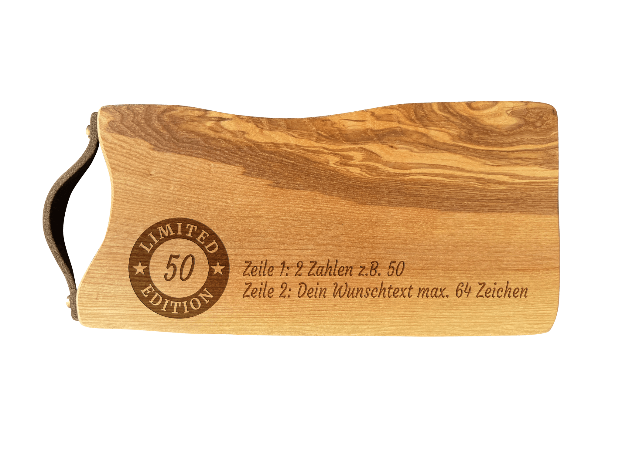 Schneidebrett Esche mit Baumkante und Ledergriff  34 x 14 x 2 cm (Preis inkl. Gravur)