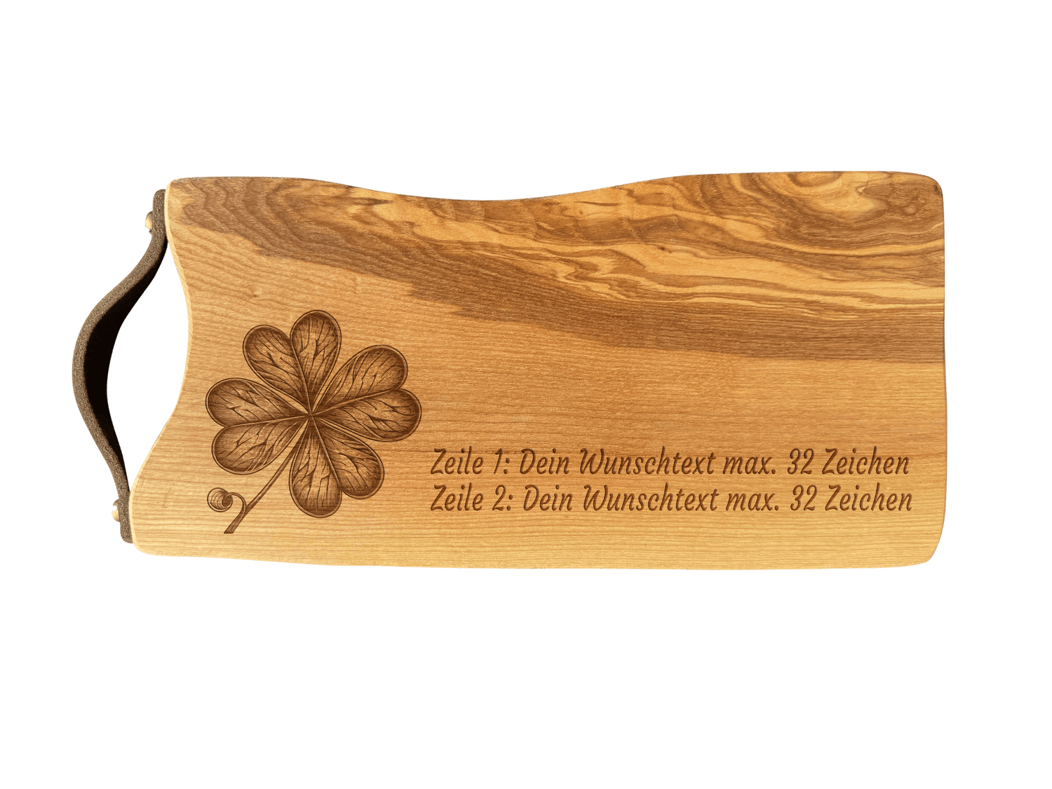 Schneidebrett Esche mit Baumkante und Ledergriff  34 x 14 x 2 cm (Preis inkl. Gravur)