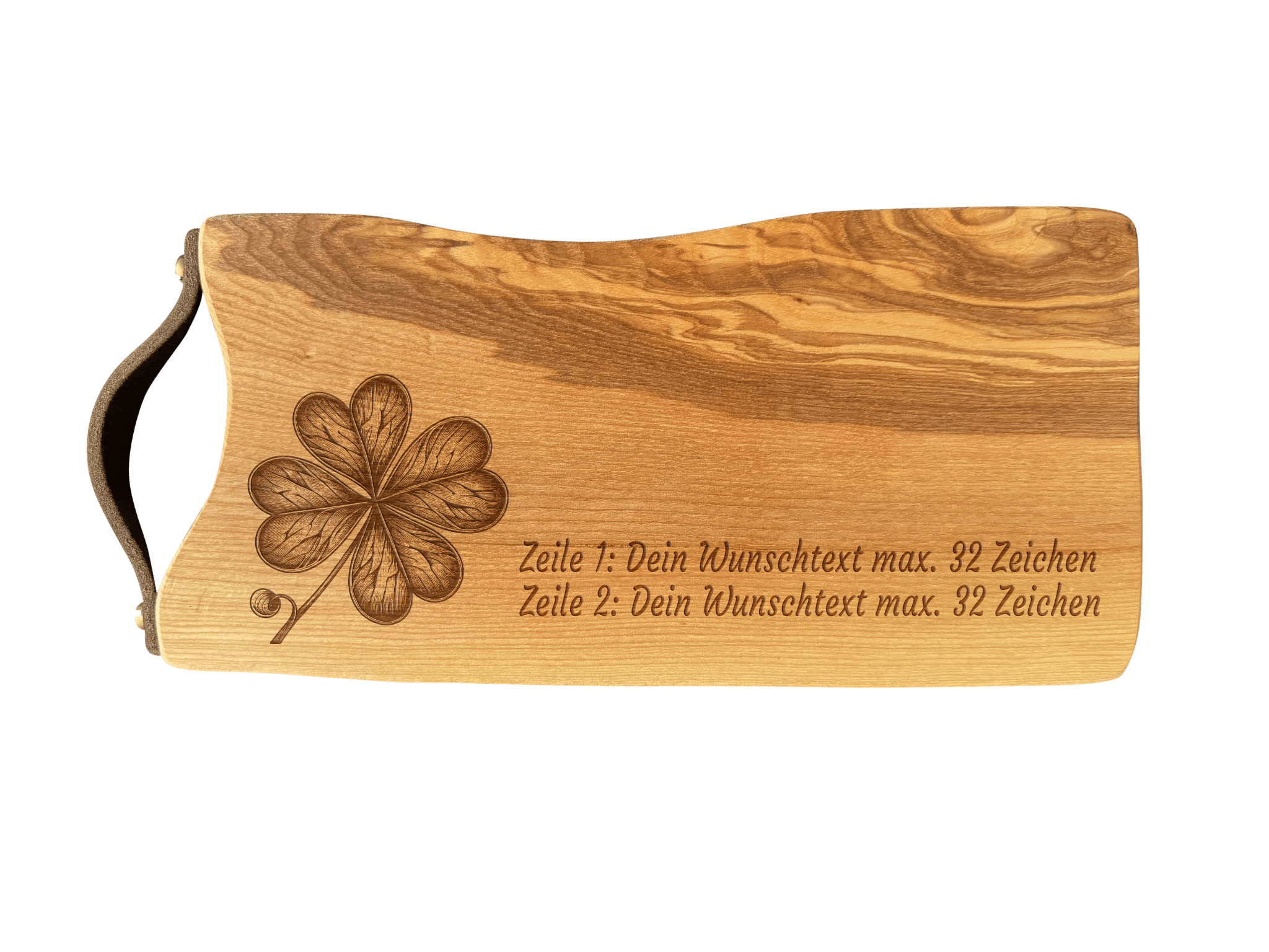 Schneidebrett Esche mit Baumkante und Ledergriff  34 x 14 x 2 cm (Preis inkl. Gravur)