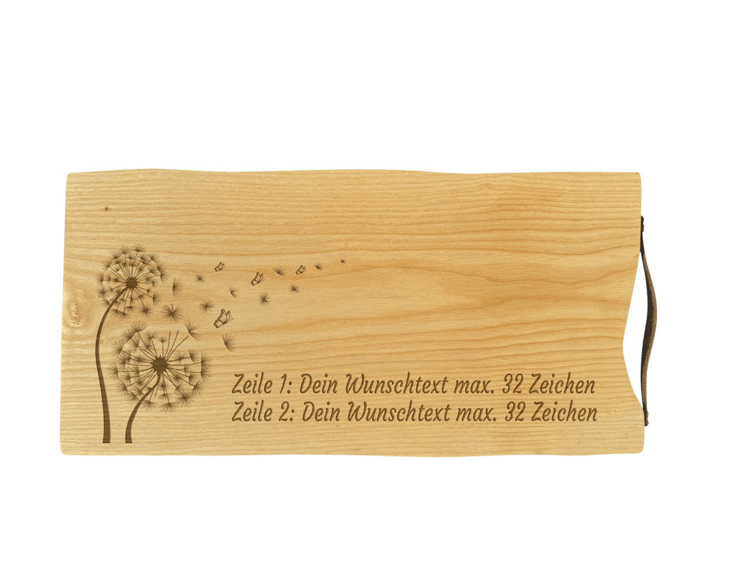 Schneidebrett Esche mit Baumkante und Ledergriff  50 x 24 x 2 cm (Preis inkl. Gravur)