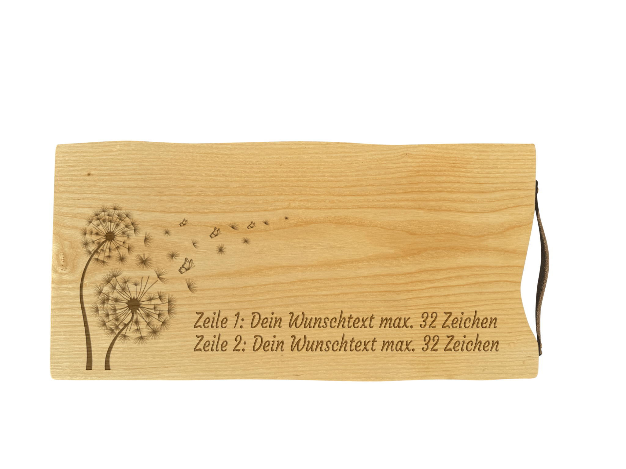Schneidebrett Esche mit Baumkante und Ledergriff  50 x 24 x 2 cm (Preis inkl. Gravur)