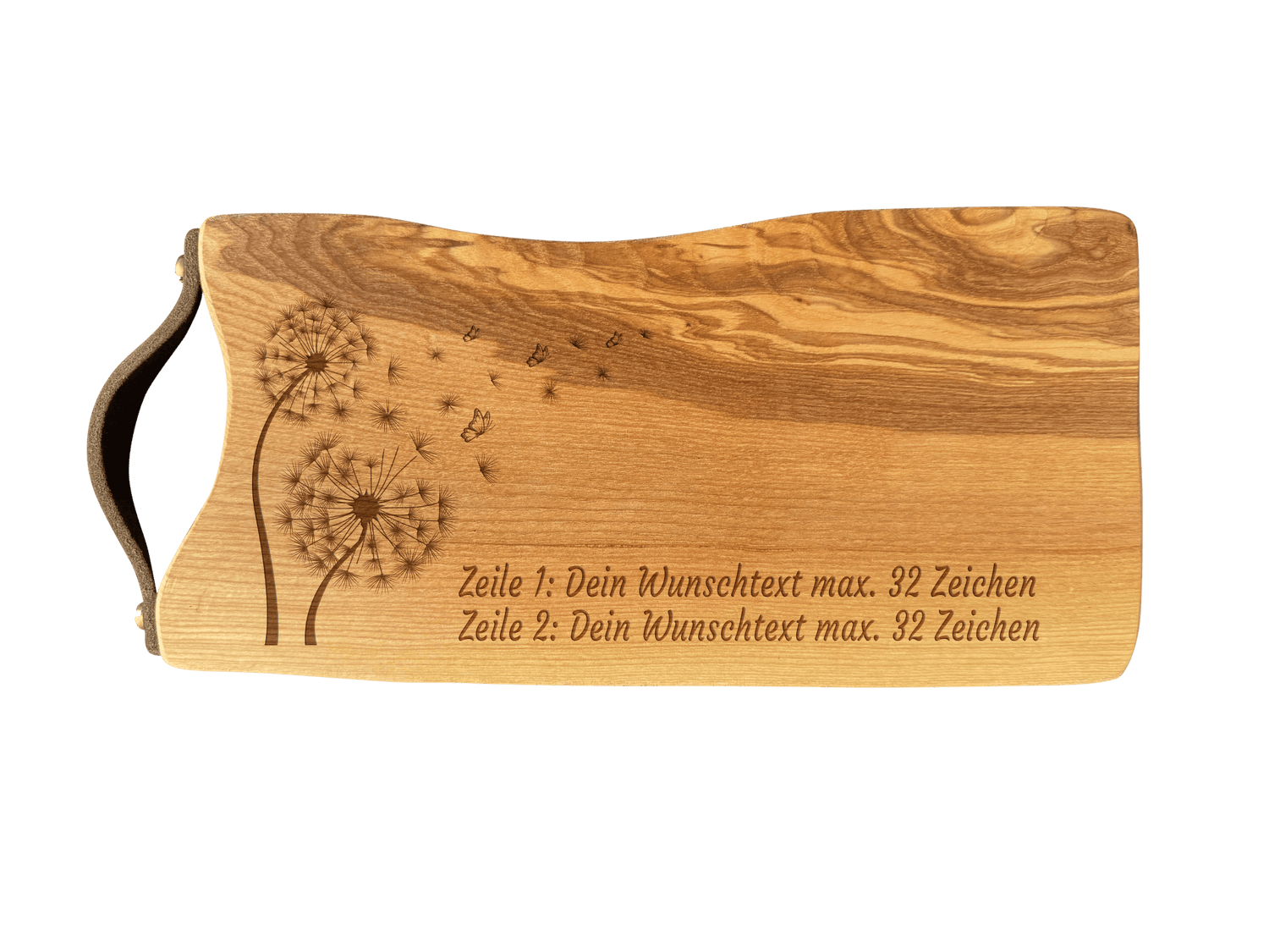 Schneidebrett Esche mit Baumkante und Ledergriff  34 x 14 x 2 cm (Preis inkl. Gravur)