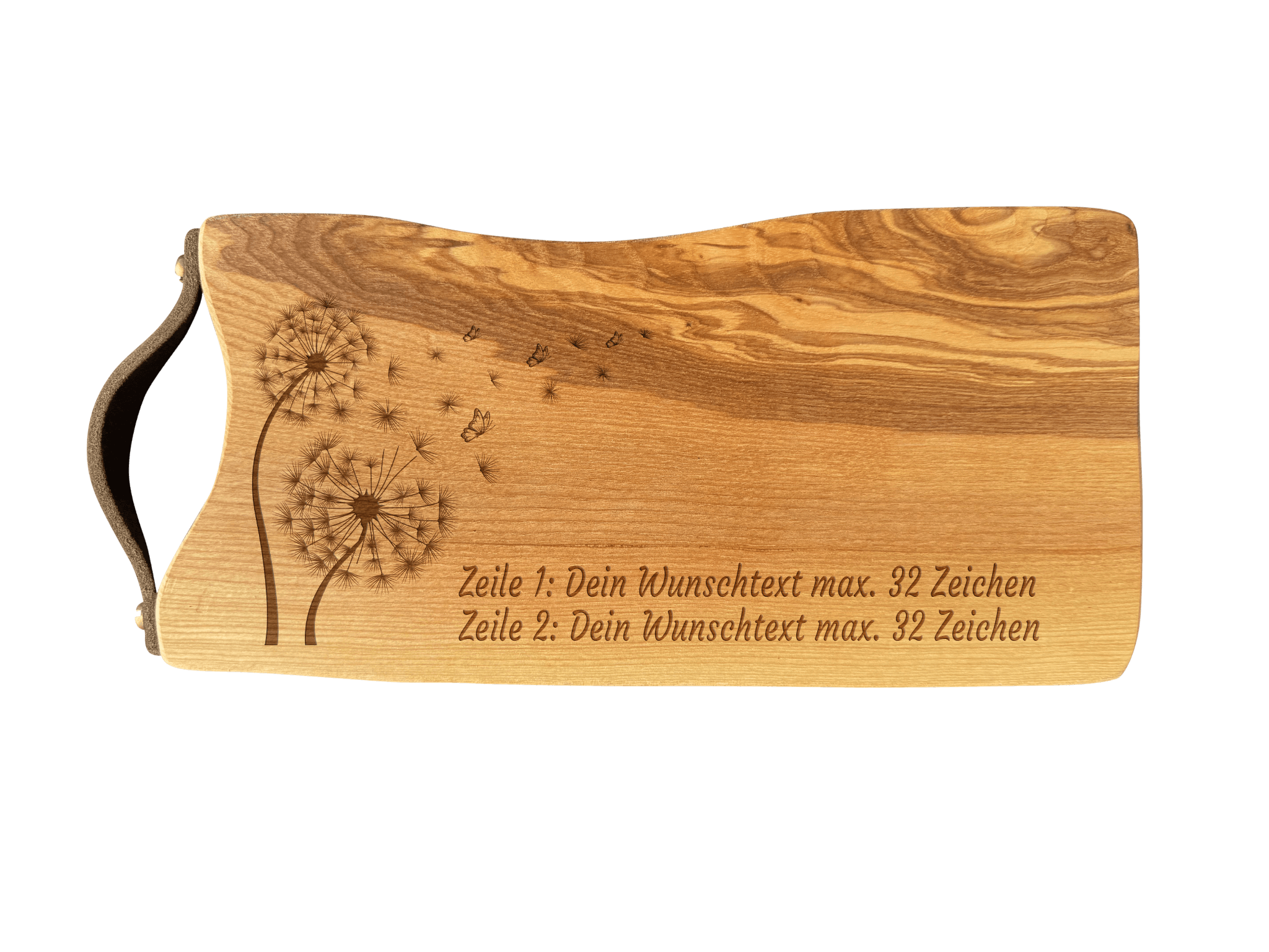 Schneidebrett Esche mit Baumkante und Ledergriff  34 x 14 x 2 cm (Preis inkl. Gravur)