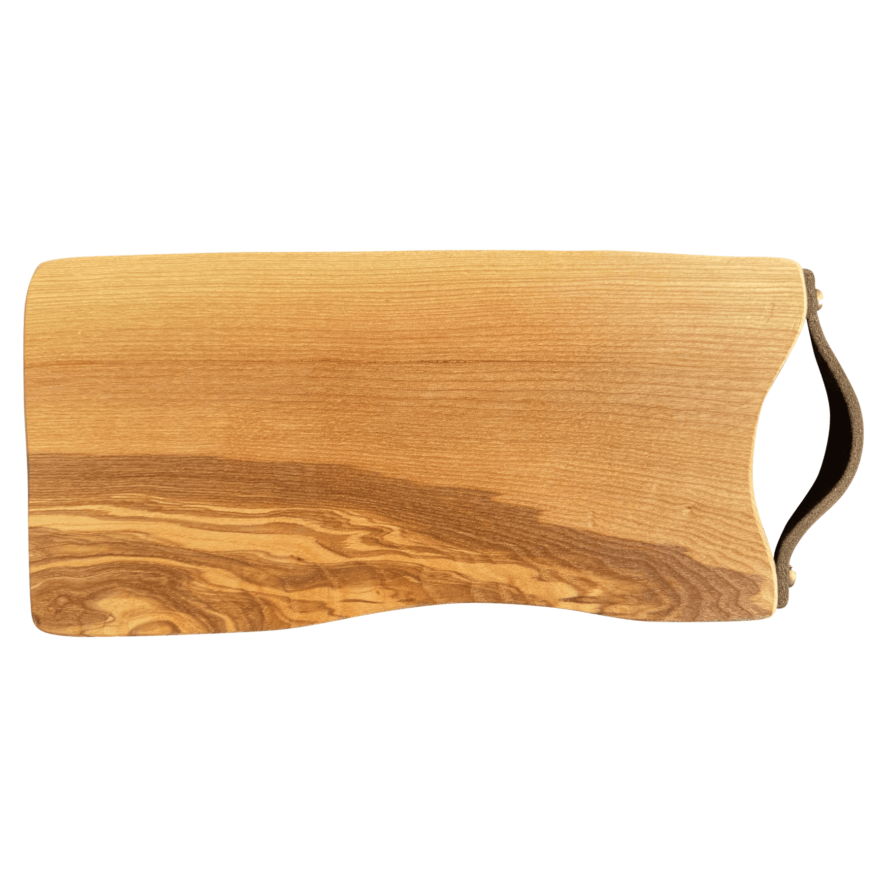 Schneidebrett Esche mit Baumkante und Ledergriff  34 x 14 x 2 cm (Preis inkl. Gravur)