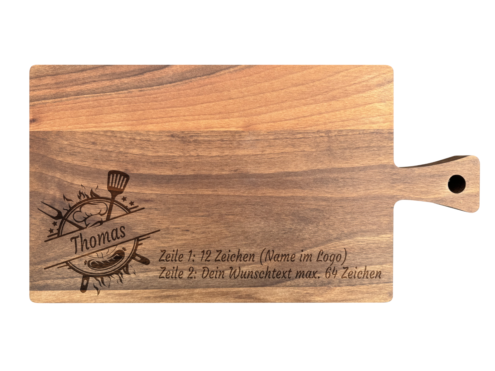 Schneidebrett Nussbaum geölt mit Griff  40 x 20 x 2 cm (Preis inkl. Gravur)