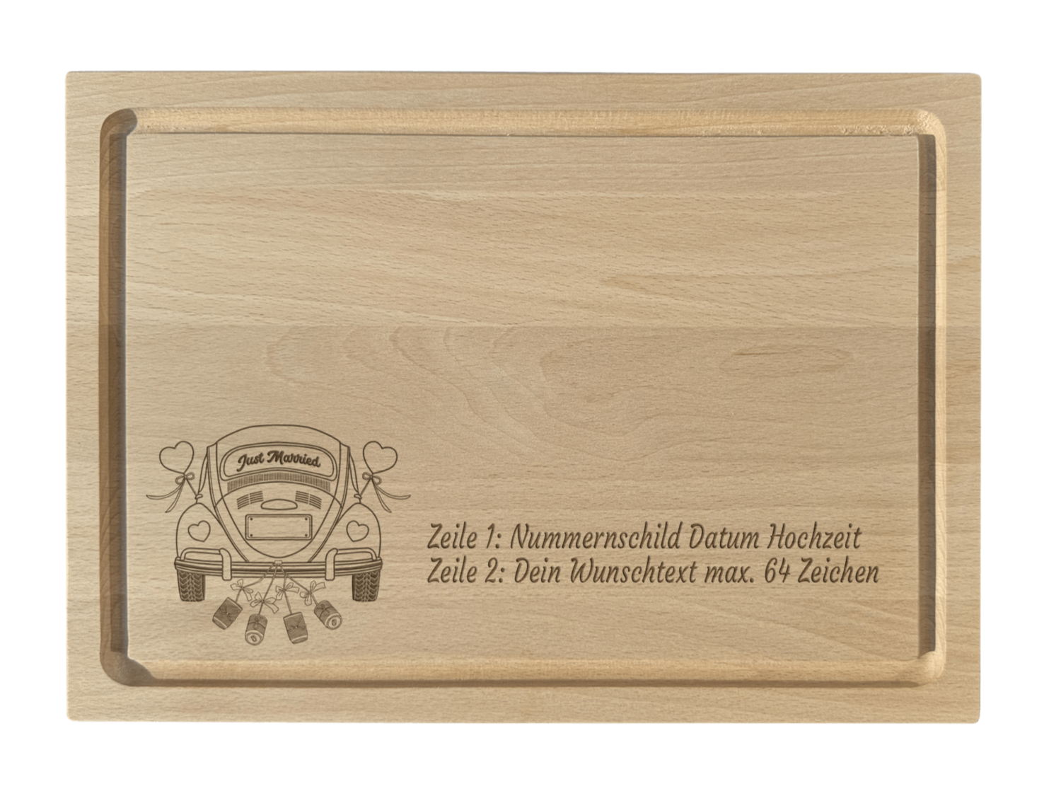 Buche Servierbrett graviert mit Hochzeit VW Käfer