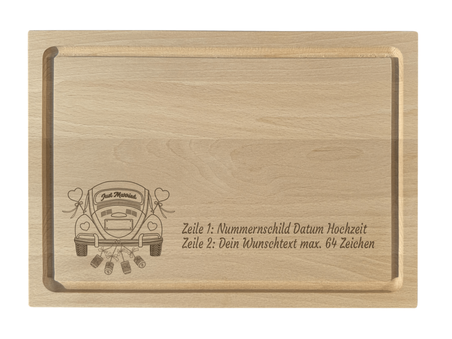 Buche Servierbrett graviert mit Hochzeit VW Käfer