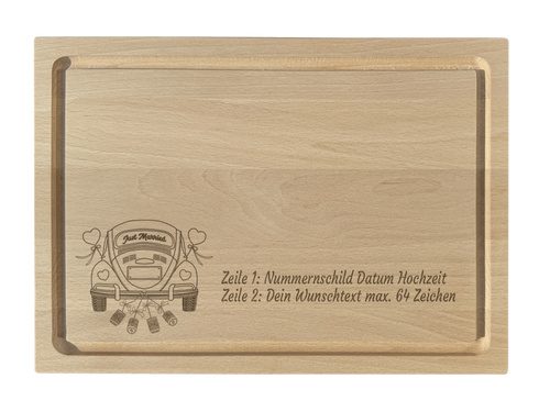 Buche Servierbrett graviert mit Hochzeit VW Käfer