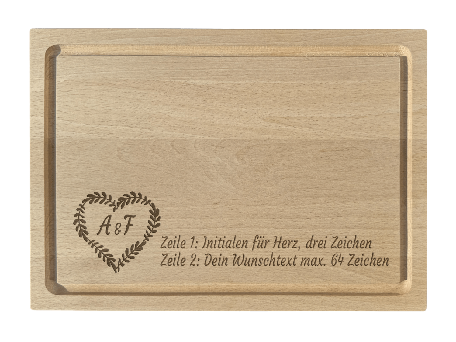 Buche Schneidebrett graviert mit Herz und Initialen