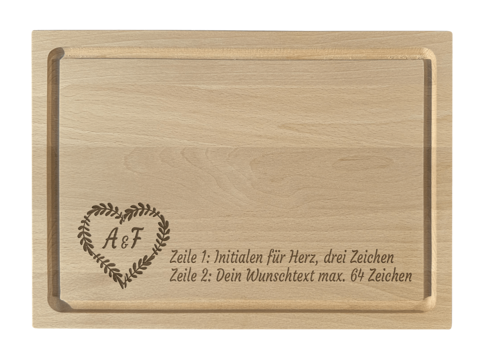 Buche Schneidebrett graviert mit Herz und Initialen