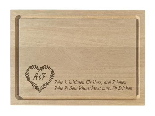 Buche Schneidebrett graviert mit Herz und Initialen