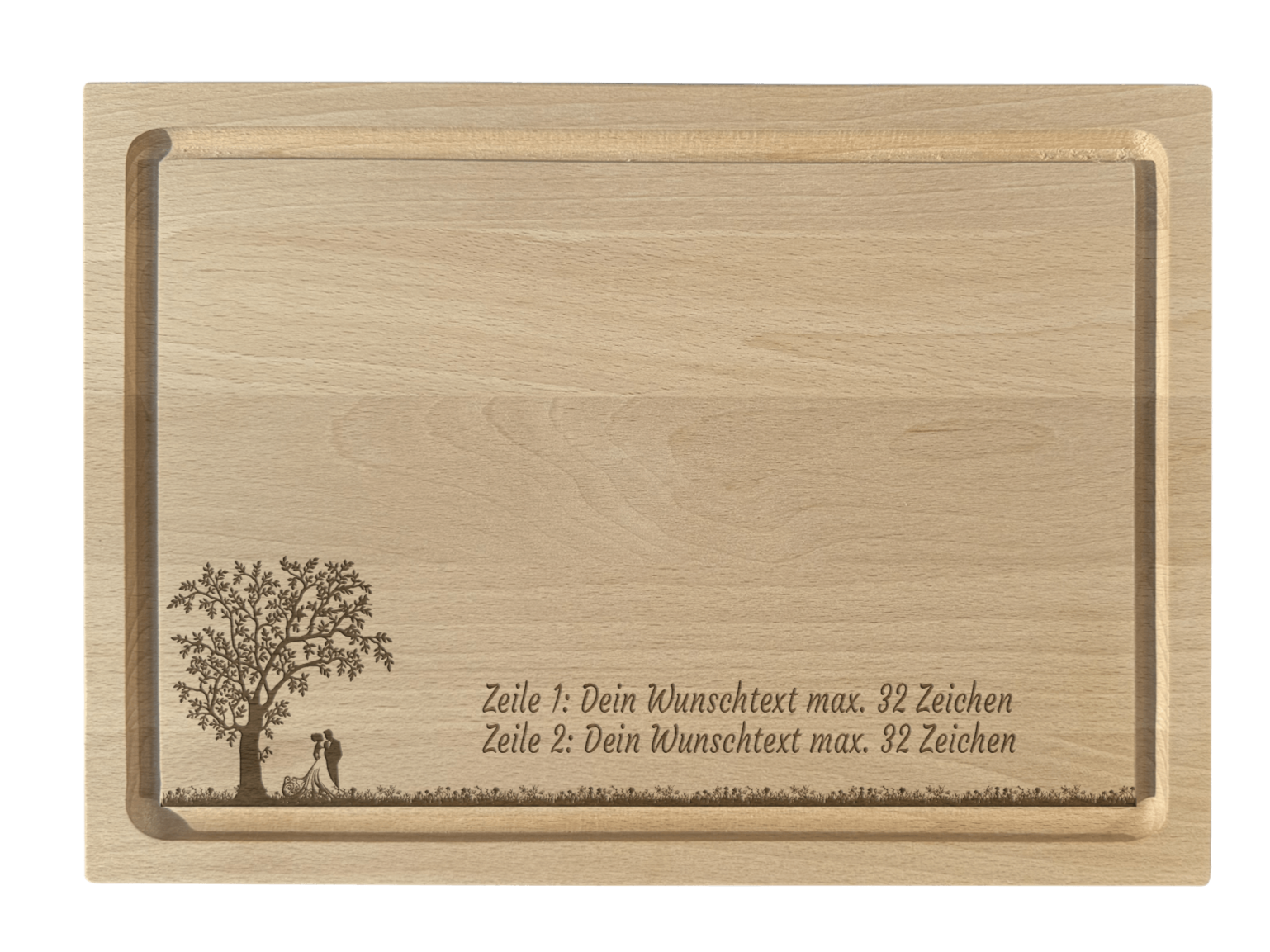 Schneidebrett Buche graviert mit Baum und Hochzeitspaar
