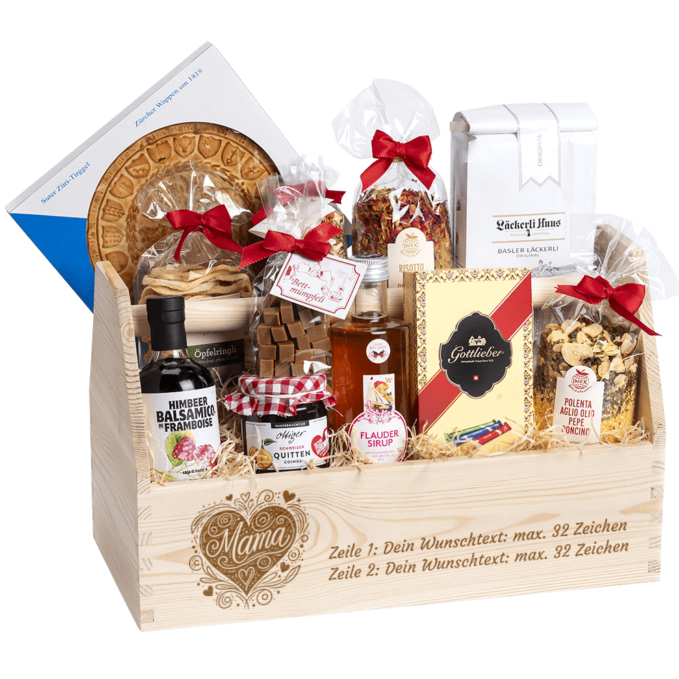 Geschenkkorb graviert mit dem Logo Mama und gefüllt mit feinen regionalen Spezialitäten.  Das Ideale Geschenk zum der Mutter Danke zu sagen. 