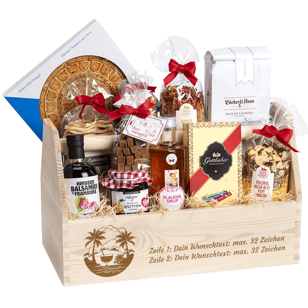 Geschenkkorb graviert mit dem Logo Ferien und gefüllt mit feinen regionalen Spezialitäten.  Das Ideale Geschenk zur Pensionierung. 