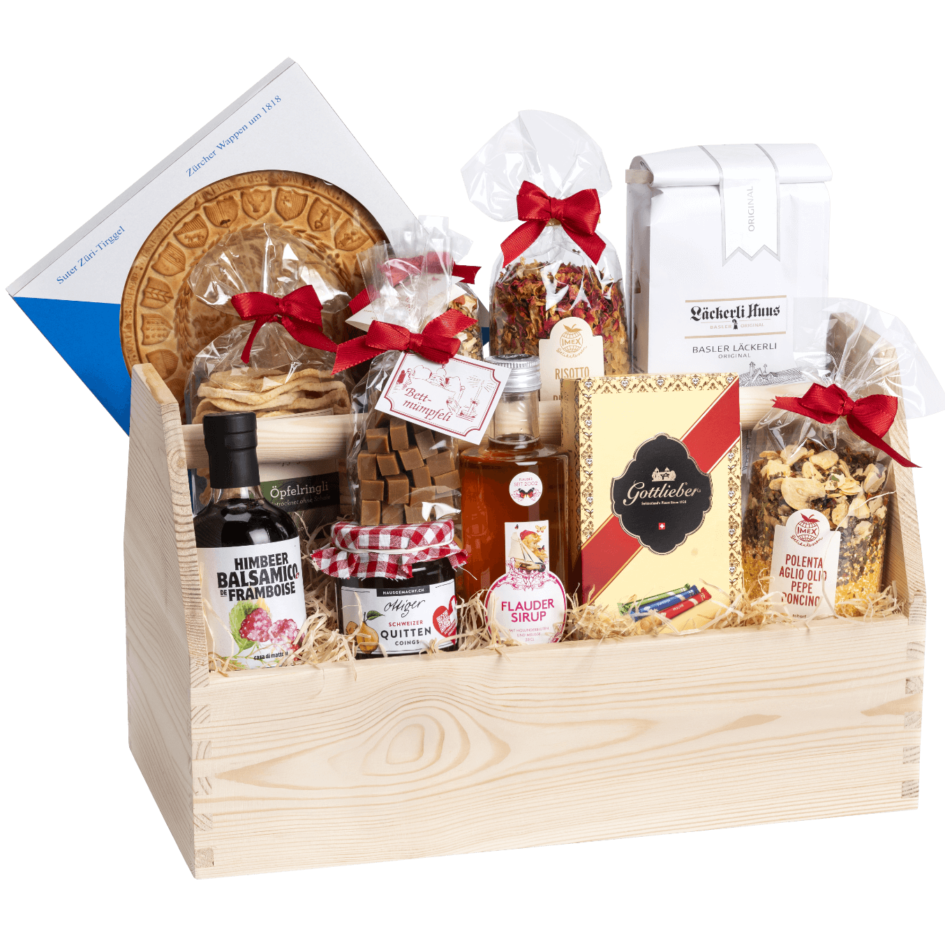 Geschenkkorb mit regionalen Spezialitäten aus der Schweiz. 
