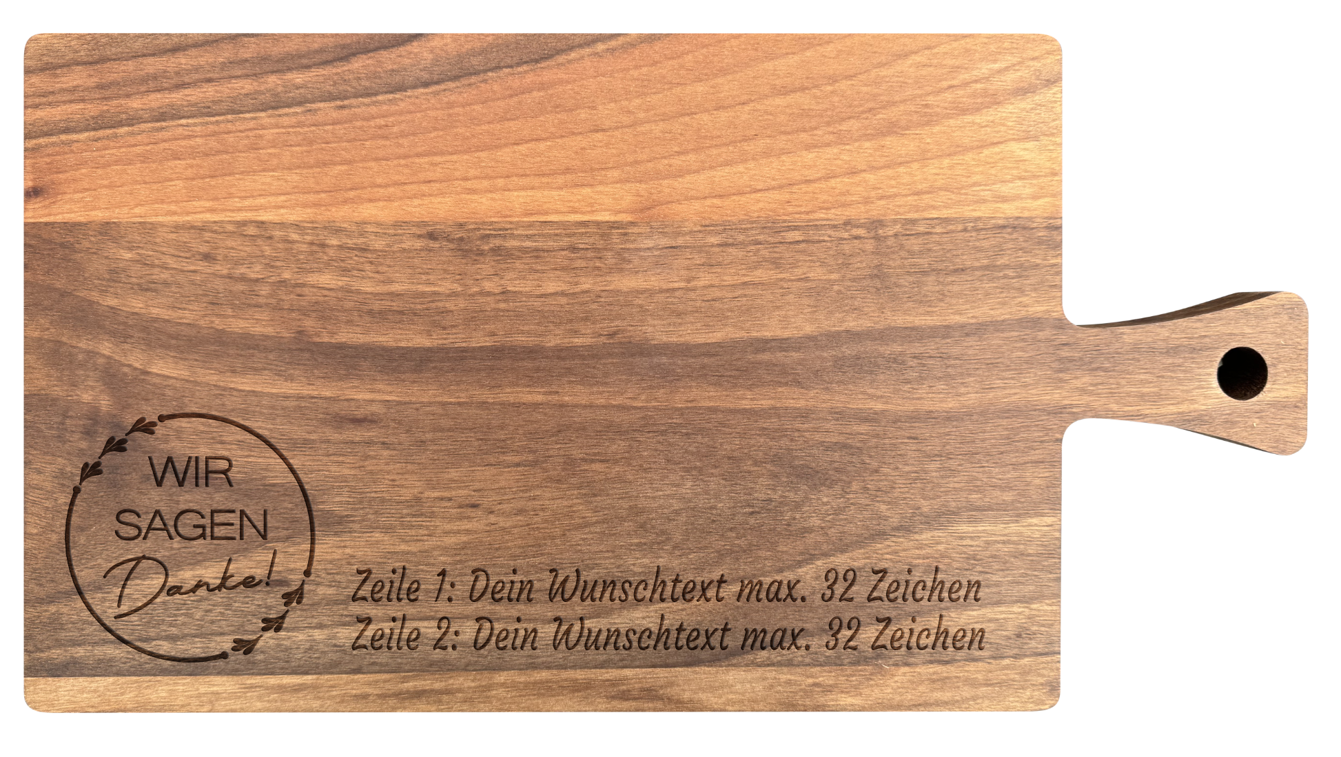 Schneidebrett Nussbaum Gravur "Wir sagen Danke"
